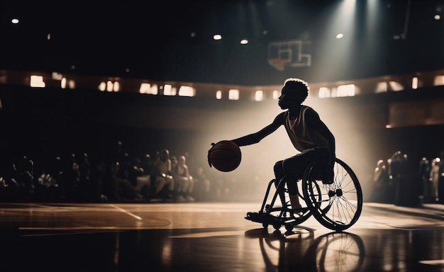 подросток в инвалидном кресле играет в баскетбол на корте