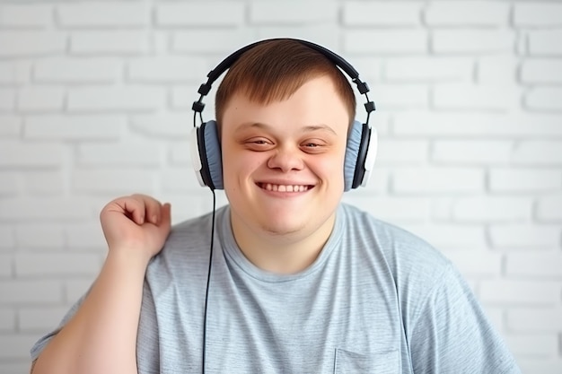 Teenage boy with Down syndrome listening music AI Generated