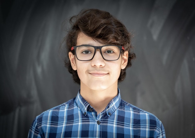 Adolescente con gli occhiali davanti alla lavagna dell'aula