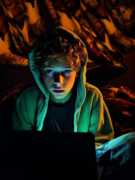 teenage boy with headset using laptop in dark bedroom