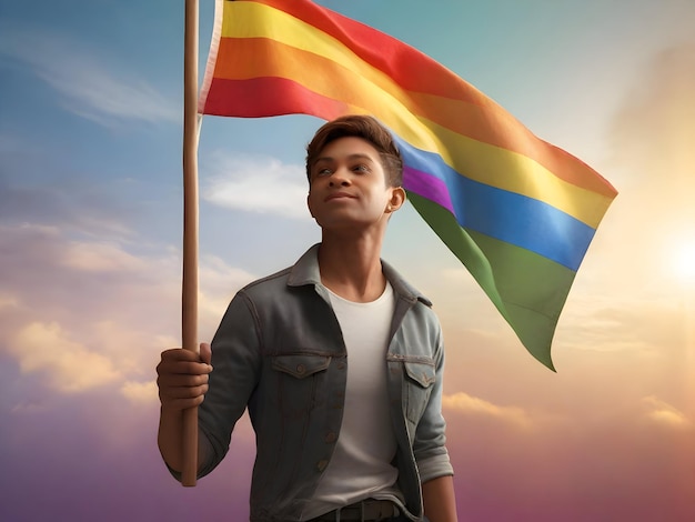 Photo teenage boy with rainbow flag in hand on the sunset sky backgroundgenerated with ai