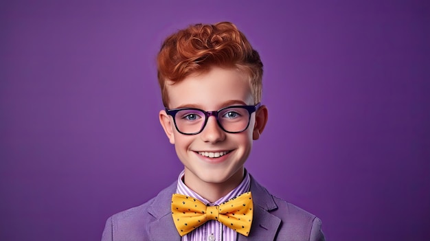 Photo teenage boy with red hair glasses and bow ties on purple background