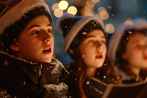 Teenage carol singers beneath antique street lanterns belting out traditional tunes Generative AI