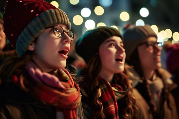 Teenage carol singers beneath antique street lanterns belting out traditional tunes Generative AI