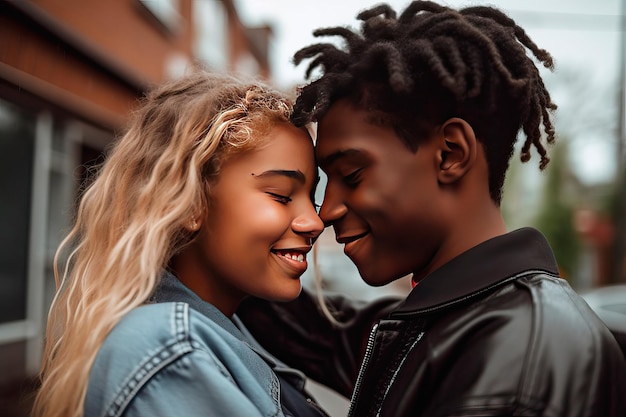 Teenage couple embracing in the open air