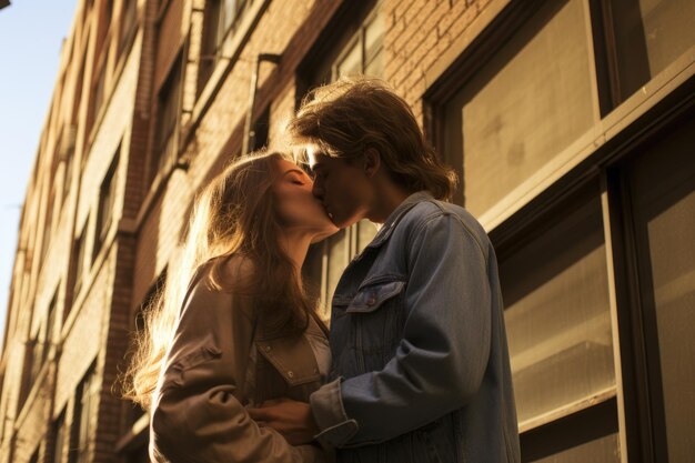 ティーンエイジャーのカップルが都市のエクステリアでキスをし抱きしめ合っている