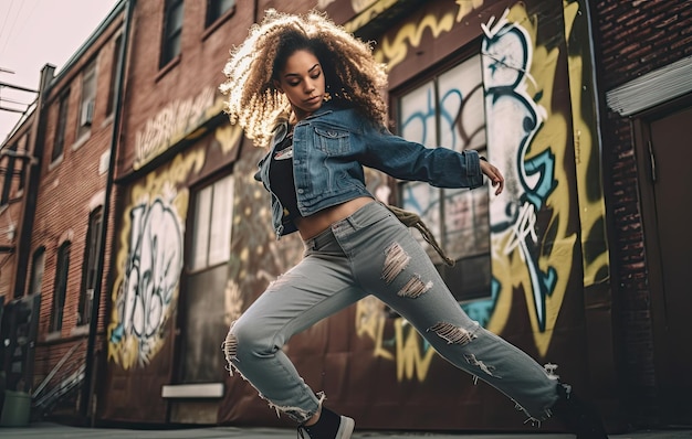 Teenage girl breakdancing on a city street