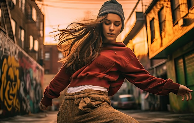 Teenage girl breakdancing on a city street