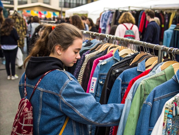 teenage girl browsing vintage clothing at flea market exploring unique styles