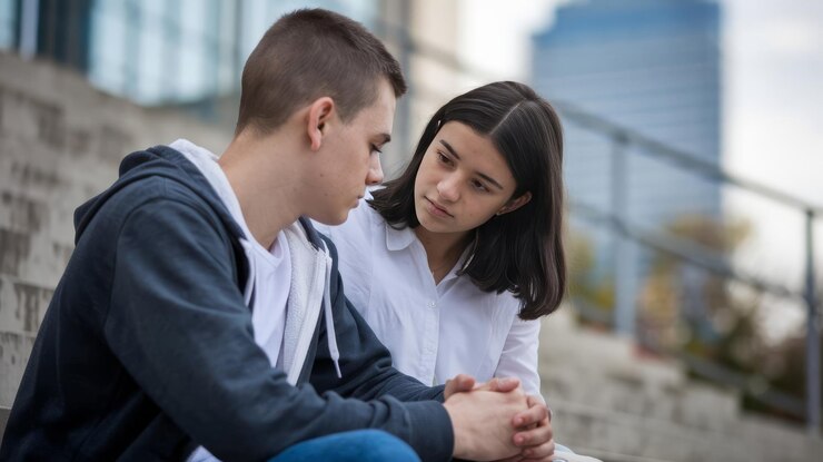 Photo teenage girl consoling sad boyfriend
