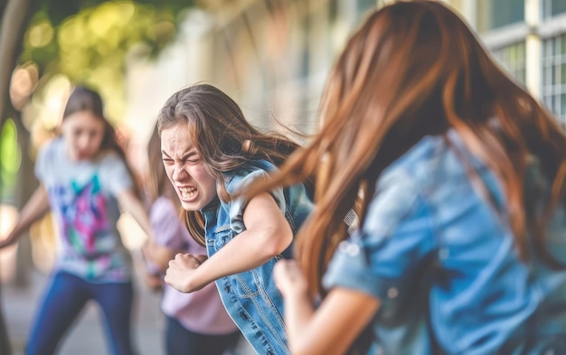 Un'adolescente con un giubbotto di denim esprime emozioni intense durante un acceso alterco con i suoi coetanei su un affollato marciapiede urbano la tensione nella scena è palpabile come espressioni di rabbia e aggressività