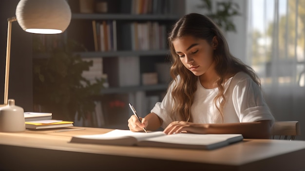 Teenage girl does her homework in her roomCreated with Generative AI technology