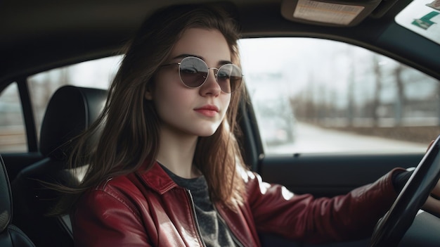 Foto un'adolescente che guida un'auto impara a guidare in una scuola di guida