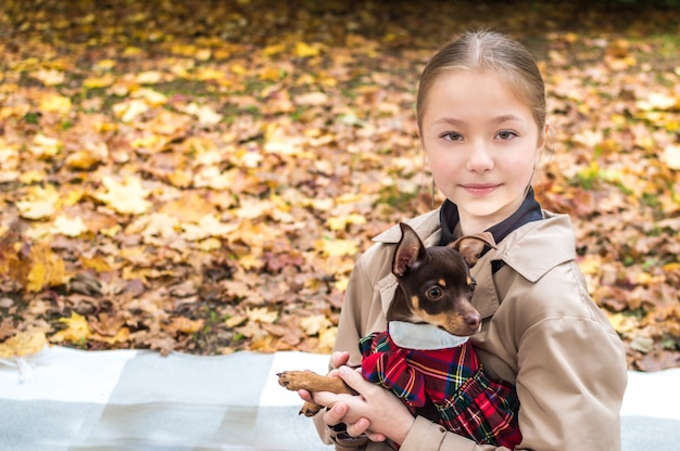 Teenage girl is holding a toy terrier dog in her arms in the foliage of fall yellow leaves