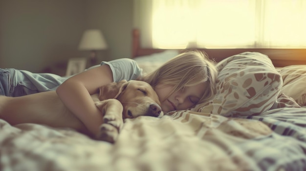 십대 소녀는 아침 일찍 침대에서 잠을 자는 동안 그녀의 비글 개를 포옹하고 있습니다.