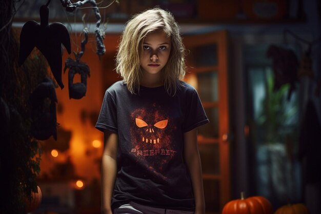 Photo a teenage girl is wearing a halloweenthemed tshirt