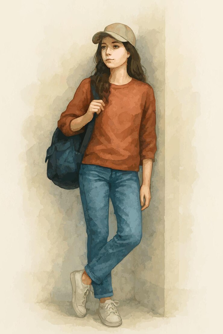 फोटो teenage girl leaning against wall watercolor illustration