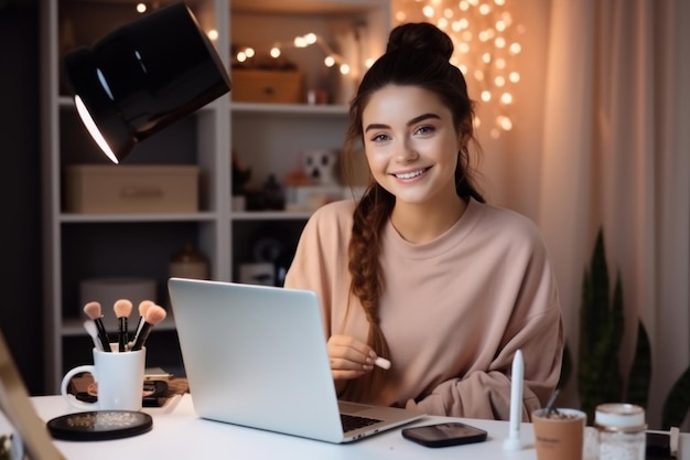 Teenage girl learns and practices makeup online and smiles happily while applying makeup at home