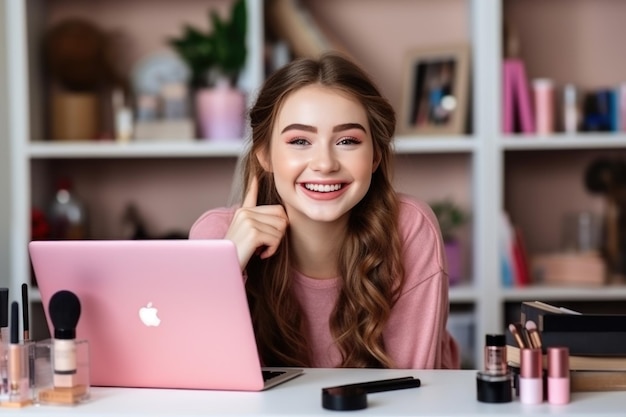 Teenage girl learns and practices makeup online and smiles happily while applying makeup at home