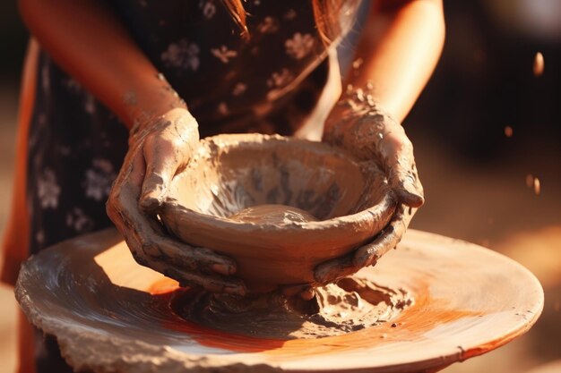 Photo teenage girl molds clay pot on spinning wheel