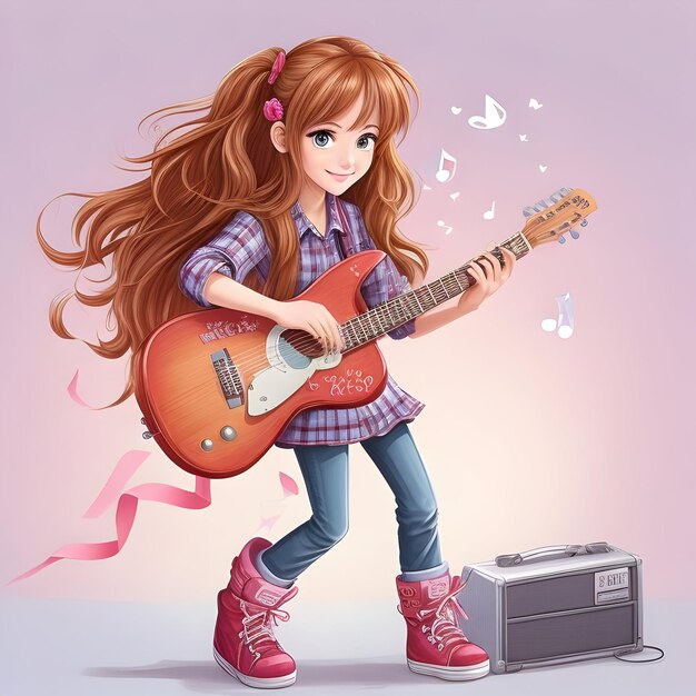 Photo teenage girl playing guitar 3d cartoon character