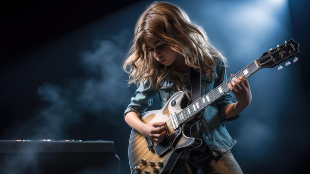 Photo teenage girl playing guitar on dark background