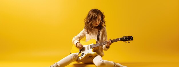 Teenage girl playing guitar on yellow background