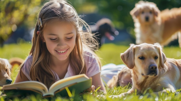 10代の女の子が晴れた日に外で本を読んでいる彼女の忠実な犬が彼女の足元に横たわっている