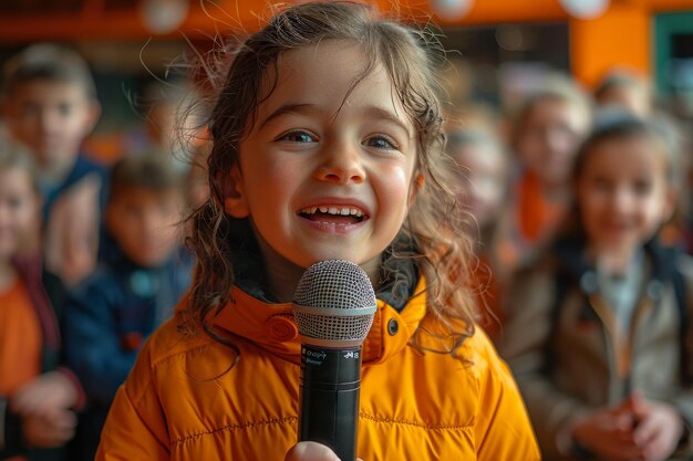 Foto un'adolescente canta una canzone in un microfono davanti ai bambini