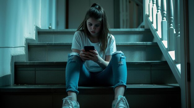 Photo a teenage girl sitting on the landing floor with her smartphone beside her displaying negative emotions