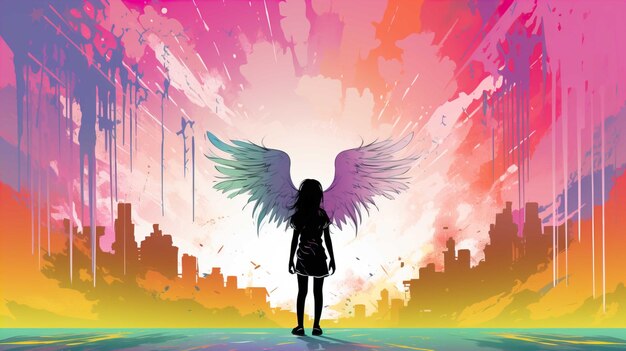 Teenage girl standing against angel wings graffiti on pink wall Generate AI