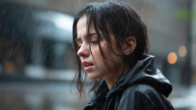 Teenage girl standing under the rain looking down with pensive and sad expression