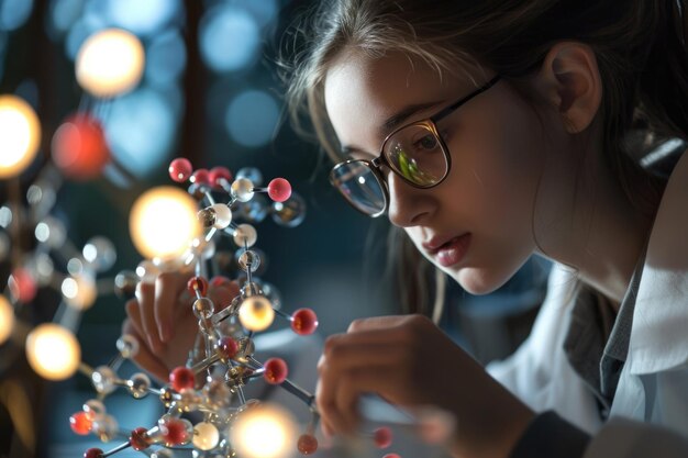 Foto ragazza adolescente che studia un modello molecolare nel laboratorio universitario