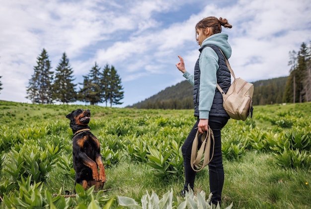 Teenage girl in suit stands and gives commands to dog of Rottweiler breed on meadow with vegetation