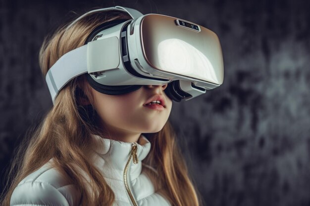 Девочка-подросток с помощью гарнитуры виртуальной реальности Generative AI
