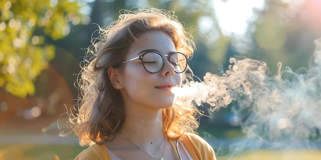 Teenage girl vaping outdoors exhaling vapor Concept Teenage Health Smoking Effects Youth Behavior Outdoor Activities Lifestyle Choices