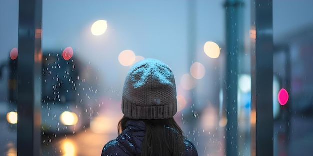 Photo teenage girl waits at bus stop in bad weather for solo trip concept solo travel adventure teenager life bad weather waiting at bus stop