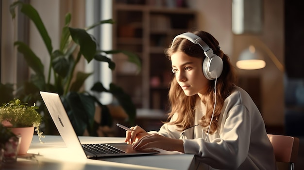 Teenage girl wearing headphones does her homework with her laptop Created with Generative AI technology