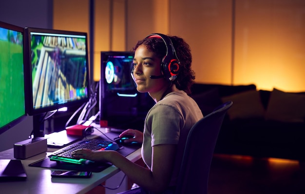 Teenage girl wearing headset gaming at home using dual computer screens