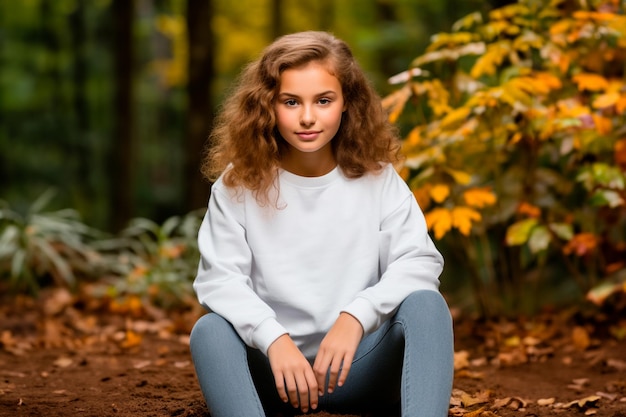 Teenage girl wearing white sweatshirt sitting on dry leaves against the background of a park