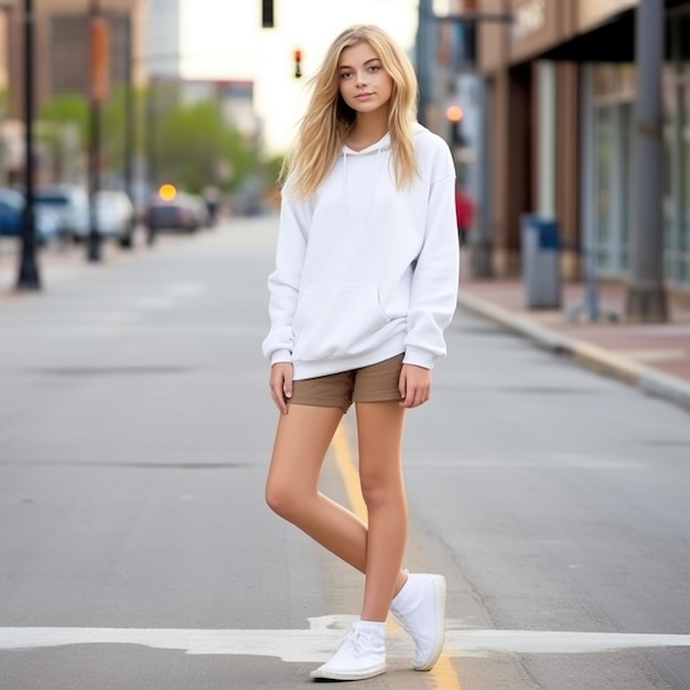 Teenage girl in a white hoodie and brown shorts standing in the middle of a crosswalk in an urban city