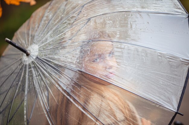 写真 透明な傘を持った十代の女の子が ⁇ 街の通りで秋の散歩をしている ⁇