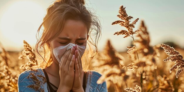 Photo teenage girl with allergy blowing nose