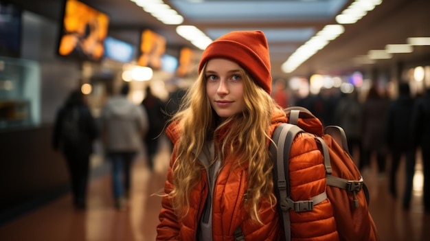 Photo teenage girl with backpack waiting at the airport to travel