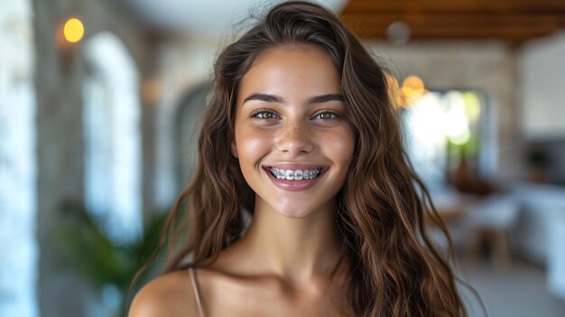 Foto una ragazzina con l'apparecchio dentale visita un ortodontista alla clinica.