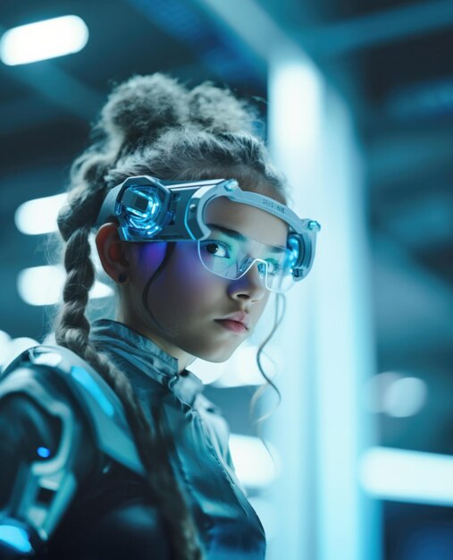 Teenage girl with intricate braided hair wearing advanced technological glasses