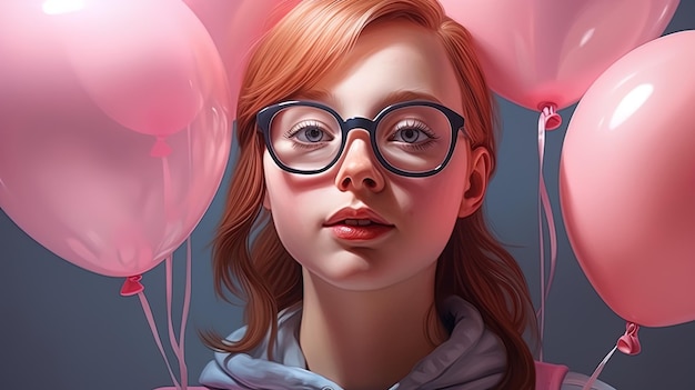 A teenage girl with pink glasses and balloon