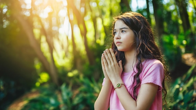 Teenage girl with praying in sunny nature