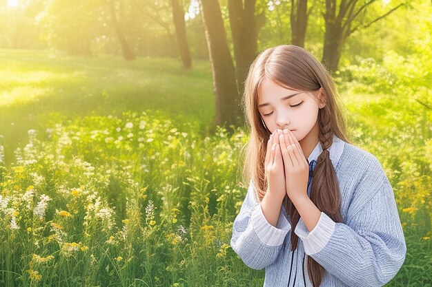 Teenage girl with praying in sunny nature