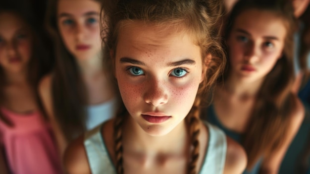 A teenage girl with a pressured look on her face as she stands in a circle of popular girls at